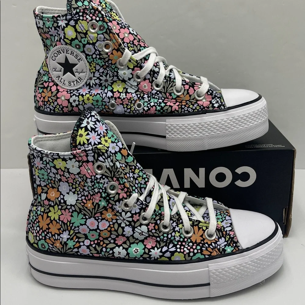 Converse Floral Platform High Top Sneakers - Black with Pastel Flowers
